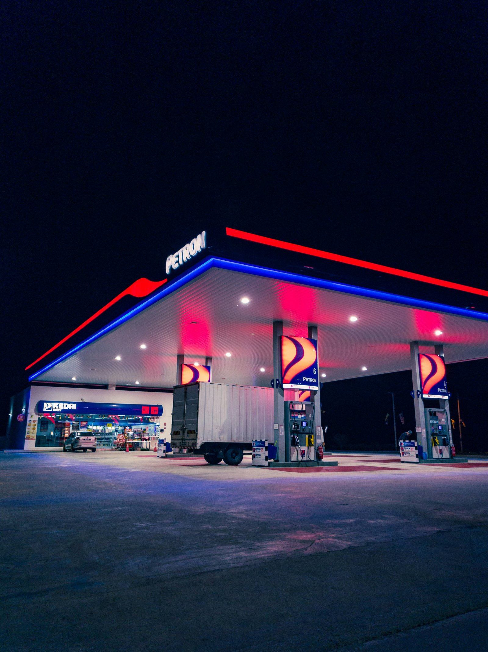 Modern petrol pump station at dusk